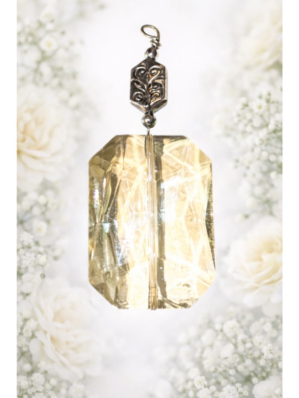 Faceted Yellow Glass Crystal Pendant with Ornate Silver Bail